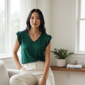 Adrianna Papell Simply Green V-Neck Top with Pleated Flutter Sleeves - L